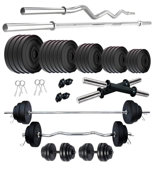 Amazon Brand - Symactive PVC 100 Kg Home Gym Set with One 5 Ft Plain + One 3 Ft Curl Rod and One Pair Dumbbell Rods, Multicolour
