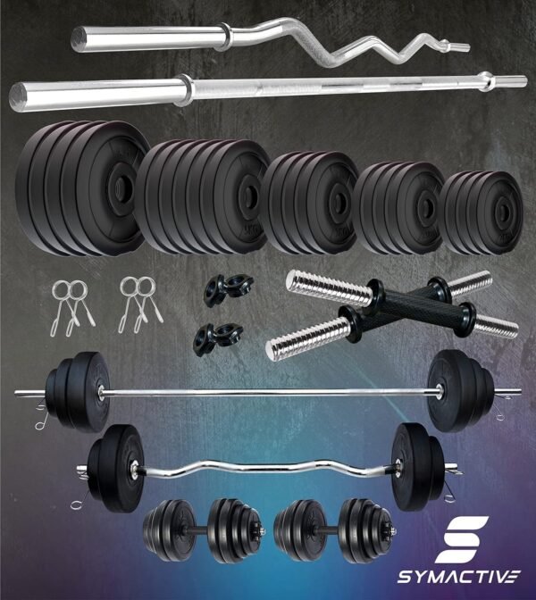Amazon Brand - Symactive PVC 100 Kg Home Gym Set with One 5 Ft Plain + One 3 Ft Curl Rod and One Pair Dumbbell Rods, Multicolour - Image 2