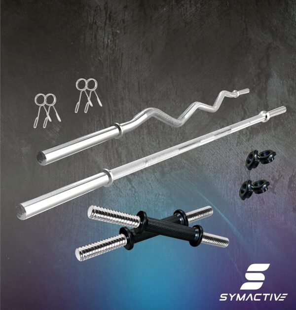 Amazon Brand - Symactive PVC 100 Kg Home Gym Set with One 5 Ft Plain + One 3 Ft Curl Rod and One Pair Dumbbell Rods, Multicolour - Image 3
