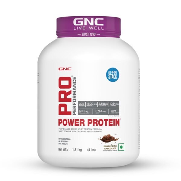 GNC Pro Performance Power Protein | 4 lbs/1.81 Kg | 6 In One Stack | 1500 Mg Creatine| No Added Sugar| 2744 MG BCAA | Informed Choice Certified | 30g Protein | 2.2g L-Glutamine | Energy Features Enzymes For Better Digestion | Double Rich Chocolate| Formulated In USA