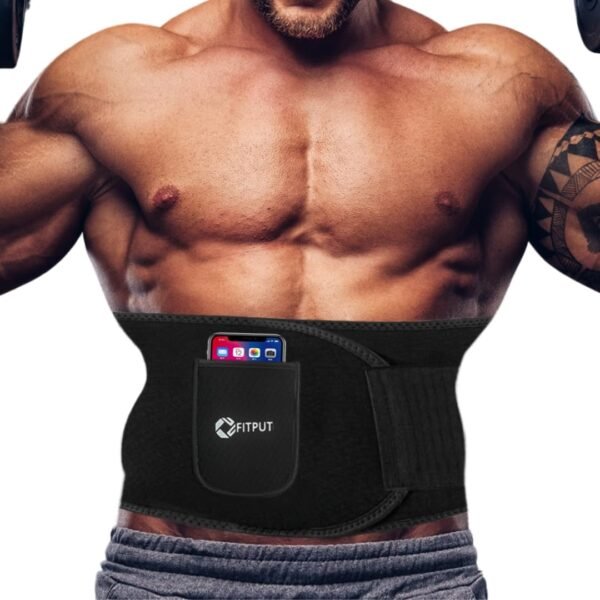 FITPUT Sweat Belt for Men Made of Neoprene with Pocket, Stomach Belt for Men and Women Non-Tearable, Sauna Belt for Weight Loss Exercise Fitness Waist Trainer, Sweat Slim Belt for Men (Black)