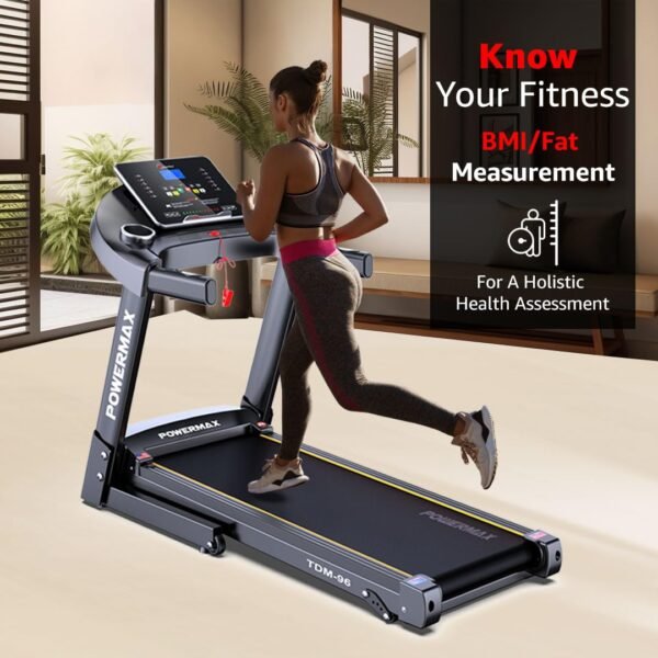 PowerMax Fitness TDM-96 (4HP Peak) Motorised Treadmill for Home Use [ Max User Wt. 110kg | LCD Display | Bluetooth for Music & Mobile App | 3 Level Manual Incline ] Free (DIY) Installation Assistance - Image 8