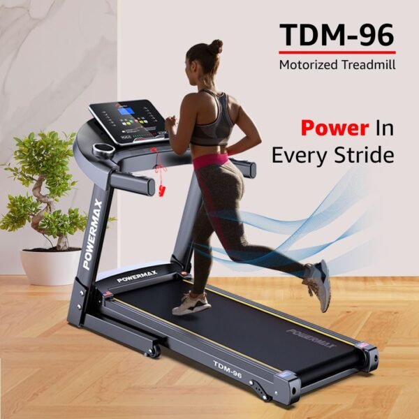 PowerMax Fitness TDM-96 (4HP Peak) Motorised Treadmill for Home Use [ Max User Wt. 110kg | LCD Display | Bluetooth for Music & Mobile App | 3 Level Manual Incline ] Free (DIY) Installation Assistance - Image 2