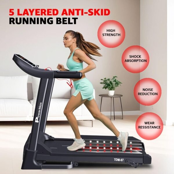 PowerMax Fitness TDM-97 (4HP Peak) Flat Motorised Treadmill for Home [Speed:10kmph, Max User Weight:100kg, Foldable,12 Workout Programs, MP3] Free (DIY) Installation Assistance - Image 5