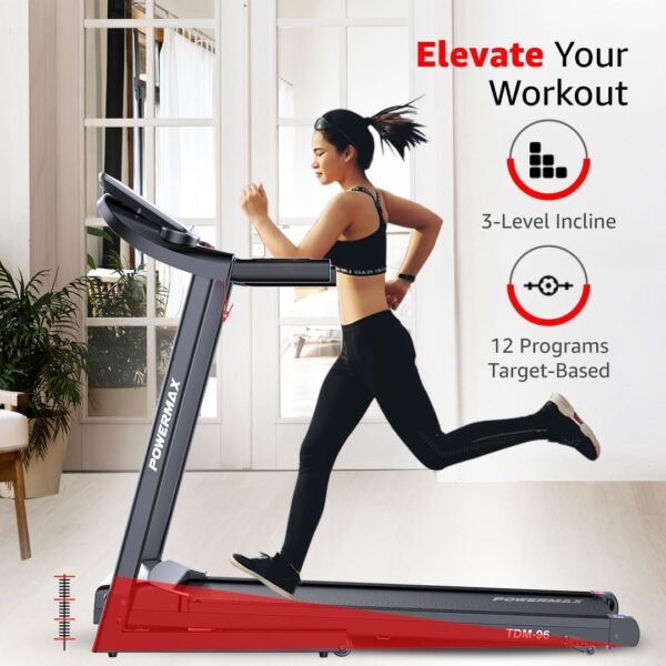 PowerMax Fitness TDM-96 (4HP Peak) Motorised Treadmill for Home Use [ Max User Wt. 110kg | LCD Display | Bluetooth for Music & Mobile App | 3 Level Manual Incline ] Free (DIY) Installation Assistance - Image 7