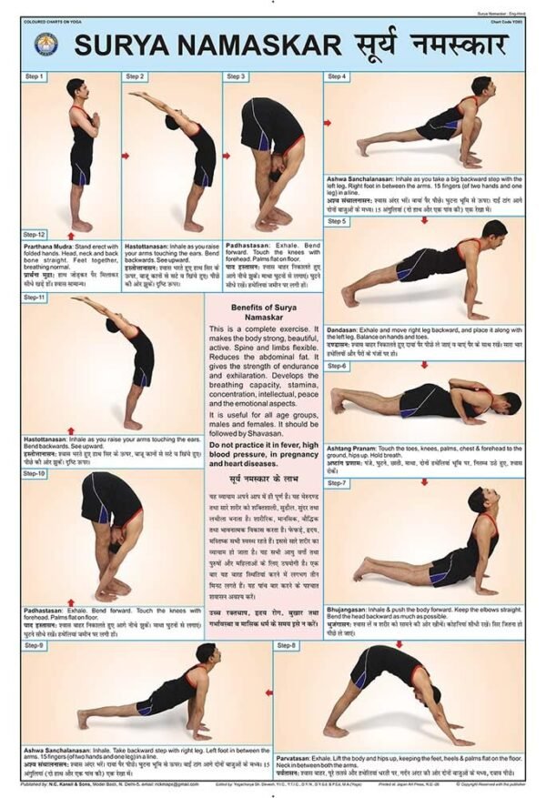 YO03 | TeachingNest | Surya Namaskar Yoga Chart (50x75cm) | Yoga Chart | With Rollers | Hindi & English Combined [Wall Chart]