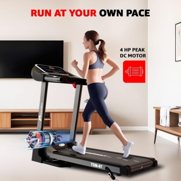 PowerMax Fitness TDM-97 (4HP Peak) Flat Motorised Treadmill for Home [Speed:10kmph, Max User Weight:100kg, Foldable,12 Workout Programs, MP3] Free (DIY) Installation Assistance - Image 4