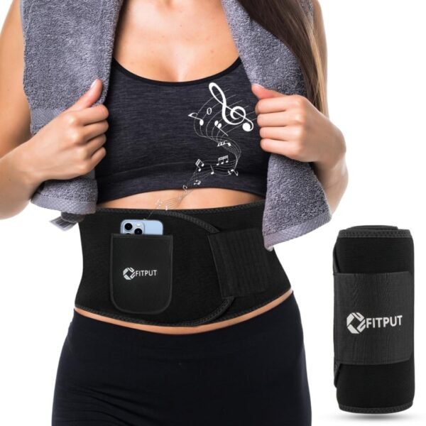 FITPUT Sweat Belt for Men Made of Neoprene with Pocket, Stomach Belt for Men and Women Non-Tearable, Sauna Belt for Weight Loss Exercise Fitness Waist Trainer, Sweat Slim Belt for Men (Black) - Image 5