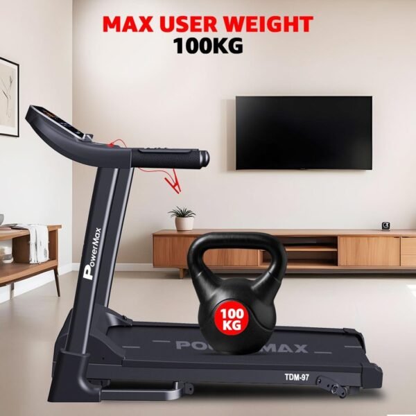 PowerMax Fitness TDM-97 (4HP Peak) Flat Motorised Treadmill for Home [Speed:10kmph, Max User Weight:100kg, Foldable,12 Workout Programs, MP3] Free (DIY) Installation Assistance - Image 3