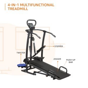 amazon basics 4-in-1 Smart Foldable Manual Treadmill with Jogger, Twister, Stepper and Push-Up Bar, 3 Level Incline, LCD Display with Heart Sensors, Max User Weight 100 Kg, Black