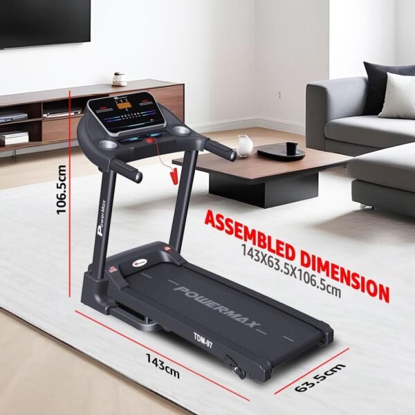 PowerMax Fitness TDM-97 (4HP Peak) Flat Motorised Treadmill for Home [Speed:10kmph, Max User Weight:100kg, Foldable,12 Workout Programs, MP3] Free (DIY) Installation Assistance - Image 9