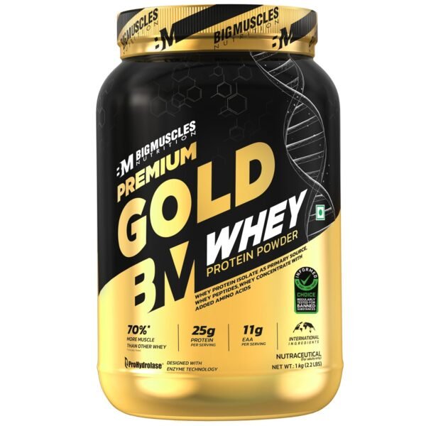 Bigmuscles Nutrition Premium Gold Whey [1Kg] | Informed Choice UK Certified | Isolate Whey Protein Blend | 25g Protein | 11g EAA | ProHydrolase Enzyme Technology [Malai Kulfi]