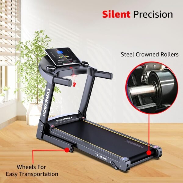 PowerMax Fitness TDM-96 (4HP Peak) Motorised Treadmill for Home Use [ Max User Wt. 110kg | LCD Display | Bluetooth for Music & Mobile App | 3 Level Manual Incline ] Free (DIY) Installation Assistance - Image 6