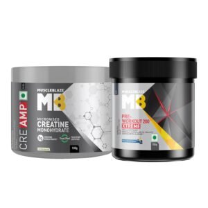 MuscleBlaze Pre Workout 200 Xtreme (Berry Bolt, 100g, 15 Servings) & Creatine Monohydrate CreAMP™ with CreAbsorb™ (Unflavoured, 100g, 32 Servings) | Combo Pack