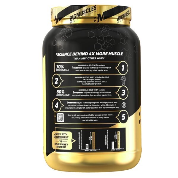 Bigmuscles Nutrition Premium Gold Whey [1Kg] | Informed Choice UK Certified | Isolate Whey Protein Blend | 25g Protein | 11g EAA | ProHydrolase Enzyme Technology [Malai Kulfi] - Image 4