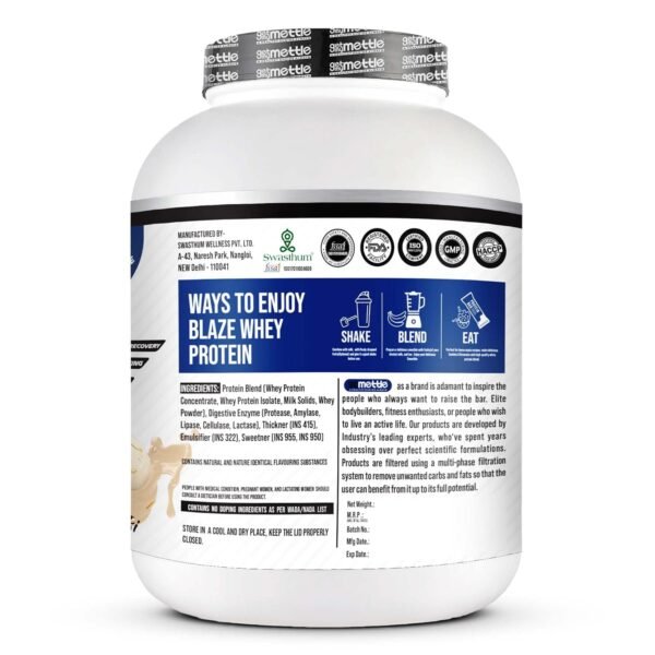 swasthum Getmymettle Blaze Whey Protein|24G Protein|10.66G Bcaa|8.09G Glutamine|100% Natural Whey, Lean Muscle Growth, With Digestive Enzyme And Advanced D.E Formula|Whey Protein (Malai Kulfi, 2Kg) - Image 5