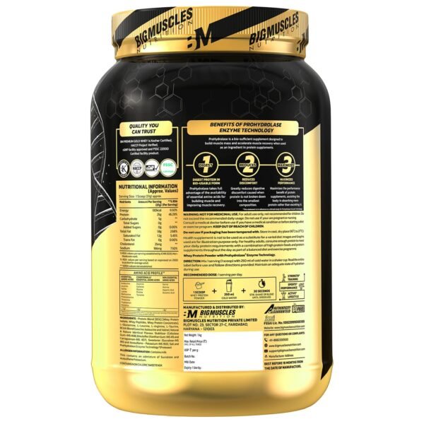 Bigmuscles Nutrition Premium Gold Whey [1Kg] | Informed Choice UK Certified | Isolate Whey Protein Blend | 25g Protein | 11g EAA | ProHydrolase Enzyme Technology [Malai Kulfi] - Image 5