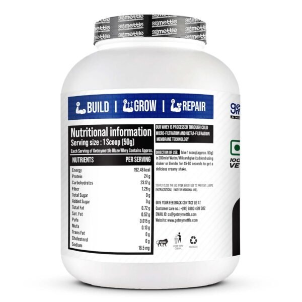 swasthum Getmymettle Blaze Whey Protein|24G Protein|10.66G Bcaa|8.09G Glutamine|100% Natural Whey, Lean Muscle Growth, With Digestive Enzyme And Advanced D.E Formula|Whey Protein (Malai Kulfi, 2Kg) - Image 3