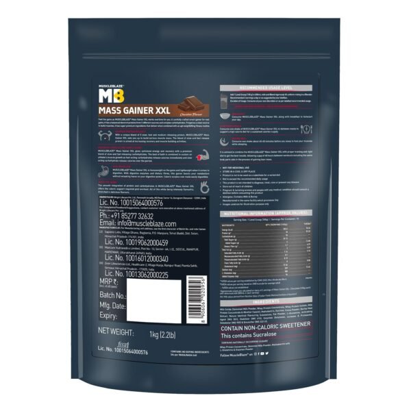 MuscleBlaze Mass Gainer XXL (Chocolate, 1kg / 2.2lbs, 10 Servings) | With Complex Carbs, High Protein & Digestive Enzymes - Image 5
