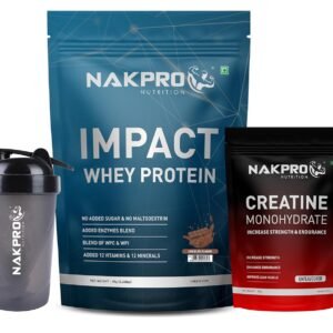 NAKPRO Impact Whey Protein 1kg, Chocolate | Isolate & Concentrate | 24g Protein & 4.9g BCAA |with Creatine Monohydrate Powder, 3g Creatine/Serve (100g, Unflavoured) & Shaker Bottle Combo