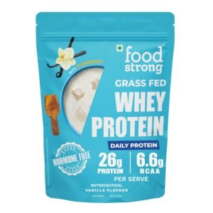 Foodstrong Whey Protein Powder (Concentrate + Isolate), 100% Hormone free Grass-fed Whey, 26g Protein & 6.6g BCAA, Daily Protein Vanilla Flavour, With Turmeric & Digestive Enzymes, No Added Sugar, 1Kg