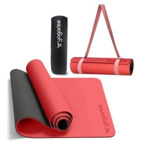 Yogarise 8mm Yoga Mat with Carry Bag & Strap, Yoga Mat for Women and Men, Premium TPE Material Extra Thick Exercise Yoga Mat for Workout, Yoga, Fitness, Exercise Mat Anti Slip Mat, Yoga Mat Gym Mat (Red & Black)