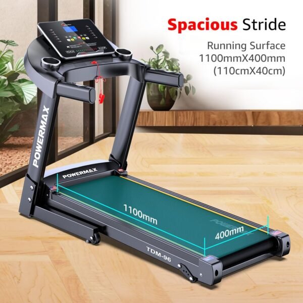 PowerMax Fitness TDM-96 (4HP Peak) Motorised Treadmill for Home Use [ Max User Wt. 110kg | LCD Display | Bluetooth for Music & Mobile App | 3 Level Manual Incline ] Free (DIY) Installation Assistance - Image 3