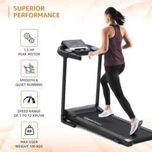 Amazon Basics ABTR200 2HP Peak Motorized Foldable Treadmill with LCD Display | Heart Rate Sensor | Manual Incline and Music Speaker | Max Speed 12 Km/Hr | Max User Weight 110 KG | 2 HP(Peak Power)