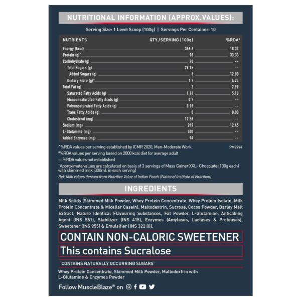 MuscleBlaze Mass Gainer XXL (Chocolate, 1kg / 2.2lbs, 10 Servings) | With Complex Carbs, High Protein & Digestive Enzymes - Image 7