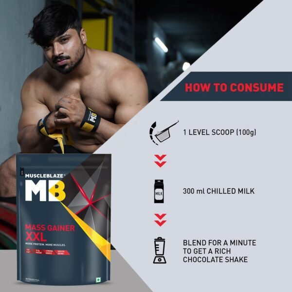 MuscleBlaze Mass Gainer XXL (Chocolate, 1kg / 2.2lbs, 10 Servings) | With Complex Carbs, High Protein & Digestive Enzymes - Image 4