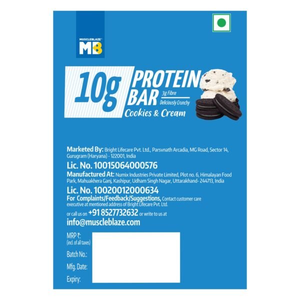 MuscleBlaze 10g Protein Bar (Cookies & Cream, Pack of 6) | Protein Blend, Healthy Protein Snacks | For Energy & Fitness - Image 8