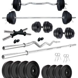 Kore PVC 20-100 Kg Home Gym Set with Multipurpose Fitness Bench + One 5 Ft Plain + One 3 Ft Curl and One Pair Dumbbell Rods