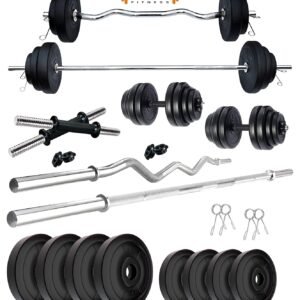 Kore PVC 20-100 Kg Home Gym Set with Multipurpose Fitness Bench + One 5 Ft Plain + One 3 Ft Curl and One Pair Dumbbell Rods