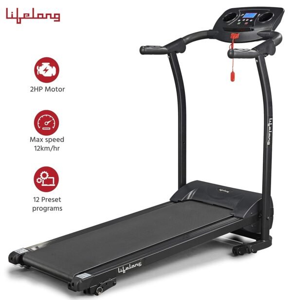 Lifelong LLTM207 Fit Pro 2 HP Peak Motorized Treadmill for Home with 12 Preset Workouts, 12Km/Hr Speed, Max User Weight 100Kg, LCD Display and Heart Rate Sensor(Free Installation Assistance) Black - Image 4