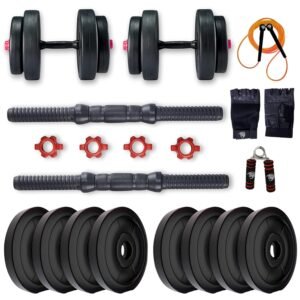 BULLAR Adjustable Dumbbells Set 8 Kg to 20 Kg with Pair of Dumbbell Rods and PVC Weight Plates with gym accessories (10 KG)