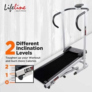 Life Line Fitness LT-201 Foldable Manual Treadmill for Home Gym Exercise with Cardio Weight Loss Gym Workout at Home, 2 Level Inclination (LT-201, Silver, Black)