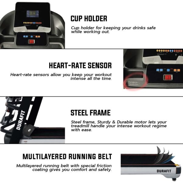 Durafit - Sturdy, Stable and Strong Focus Multifunction 7 Hp Peak Dc Motor Foldable Treadmill Auto Incline Max Speed 18 Km/Hr Max User Weight 150 Kg Spring Suspension Technology - Image 5