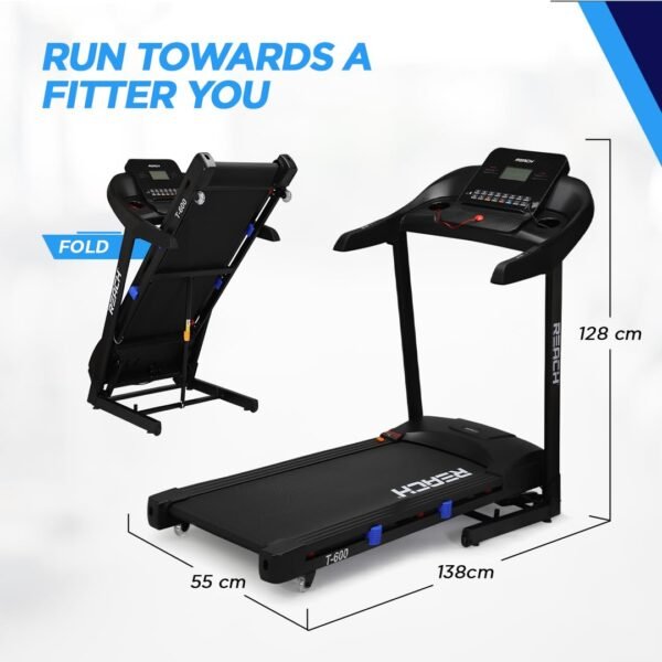 Reach T-600 5 HP Peak Motorized Treadmill | Auto Incline | LCD display with 12 Preset Programs | Foldable Machine with Bluetooth for Home Gym | Max Speed of 14 km/hr | Max User Weight 130kg - Image 2
