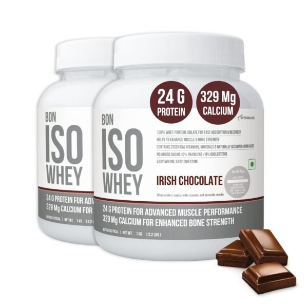 Bon ISO Whey 100% Protein Isolate, Irish Chocolate (Pack of 2) | 2 kg, 66 Servings | Muscle Strength and Bone Health | 24g Protein, 329mg Calcium, 5.5g BCAA, Essential Vitamins, Minerals(Unisex)