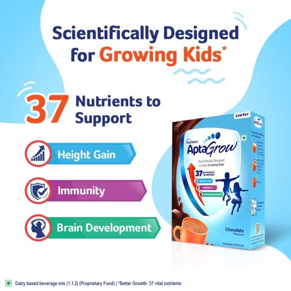 AptaGrow Milk Drink Powder for Kid s Height Gain, Immunity & Brain Development, Nutritious & Tasty Chocolate Flavor, 400g | 37 Nutrients | Prebiotics | Low Fat | Veg - Image 3