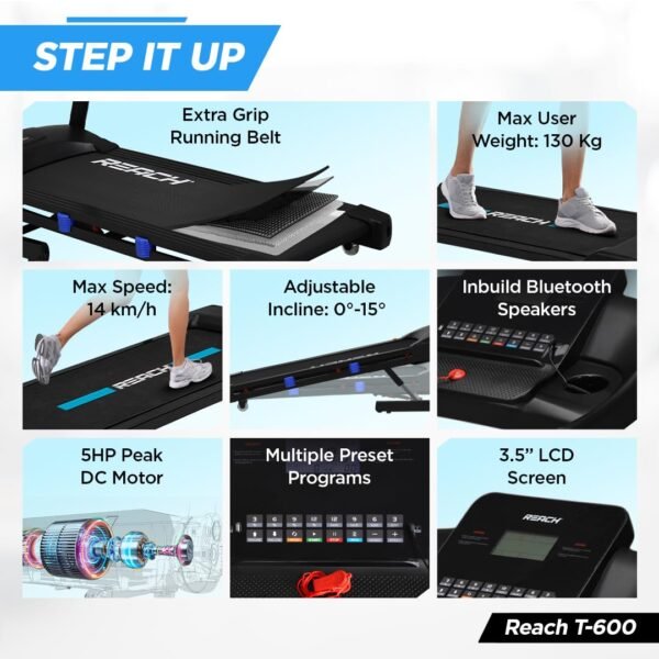 Reach T-600 5 HP Peak Motorized Treadmill | Auto Incline | LCD display with 12 Preset Programs | Foldable Machine with Bluetooth for Home Gym | Max Speed of 14 km/hr | Max User Weight 130kg - Image 3