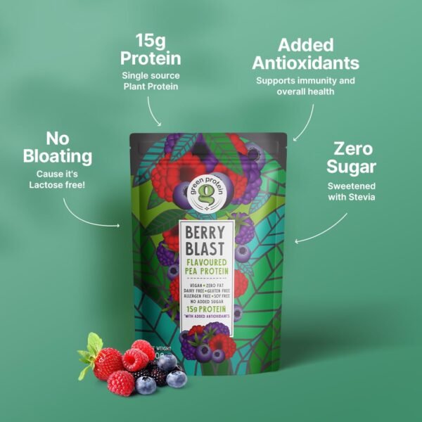 GREEN PROTEIN Pea Protein Isolate Powder, Vegan Plant Protein, No Added Sugar, 100% Vegan, Soy Free, Dairy Free, Gluten Free, Allergen Free, Berry Blast Flavor, 15g Protein Per Serving, Pouch (500g) - Image 2