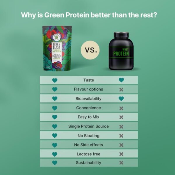 GREEN PROTEIN Pea Protein Isolate Powder, Vegan Plant Protein, No Added Sugar, 100% Vegan, Soy Free, Dairy Free, Gluten Free, Allergen Free, Berry Blast Flavor, 15g Protein Per Serving, Pouch (500g) - Image 6
