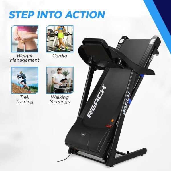 Reach T-600 5 HP Peak Motorized Treadmill | Auto Incline | LCD display with 12 Preset Programs | Foldable Machine with Bluetooth for Home Gym | Max Speed of 14 km/hr | Max User Weight 130kg - Image 5