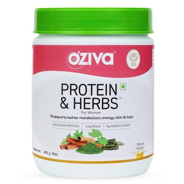 OZiva Protein & Herbs for Women (Mango) to Reduce Body Fat, Manage Weight & Metabolism | Protein Powder for Women with 23g Whey Protein, No Added Sugar, Certified Clean 1lbs