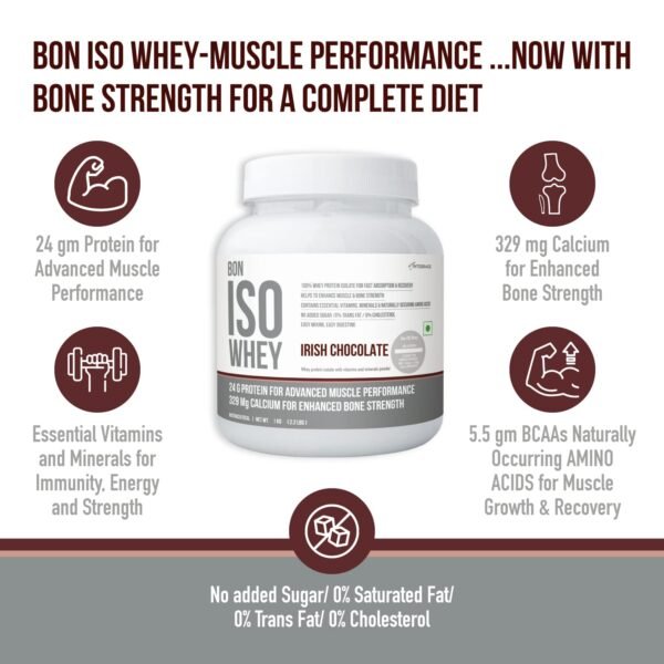 Bon ISO Whey 100% Protein Isolate, Irish Chocolate (Pack of 2) | 2 kg, 66 Servings | Muscle Strength and Bone Health | 24g Protein, 329mg Calcium, 5.5g BCAA, Essential Vitamins, Minerals(Unisex) - Image 4