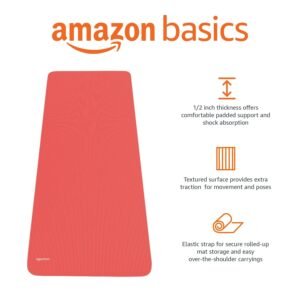 Amazon Basics 13mm Extra Thick NBR Yoga and Exercise Mat with Carrying Strap, Red