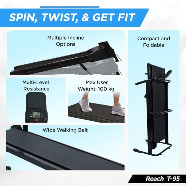 Reach T-95 Falcon Manual Treadmill for Home Workout | Foldable Treadmill with Wheels & Manual Incline | Fitness Machine for Home Gym with LCD Display | 12 Months Warranty | Max User Weight 100 kg - Image 4