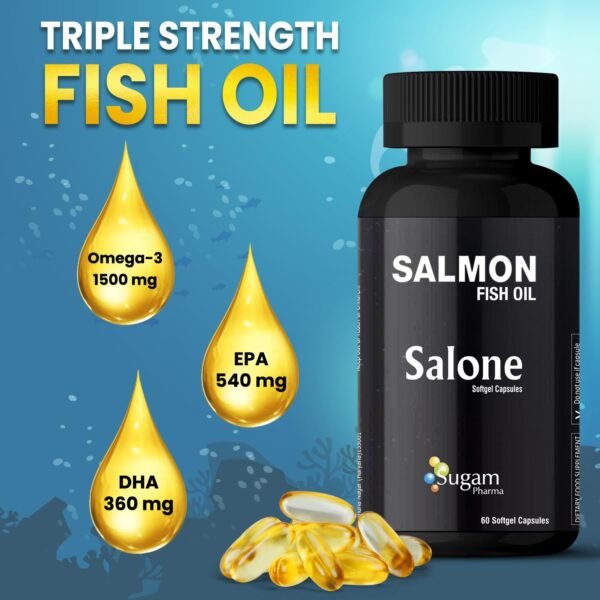 Sugam Pharma (Omega 3 1500mg) Salone Salmon Omega 3 Fish Oil Capsules: Triple Strength- Omega 3 1500mg with EPA 540mg and DHA 360mg - Vital for Heart, Brain, Skin and Joint Health. - Image 3