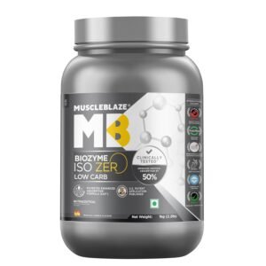 MuscleBlaze Biozyme Iso-Zero, Low Carb, 100% Pure Whey Protein Isolate with USA Patent-Published Enhanced Absorption Formula (EAF), 27 g Pure Isolate Whey Per Scoop (Tropical Mango, 1 kg / 2.2 lb)